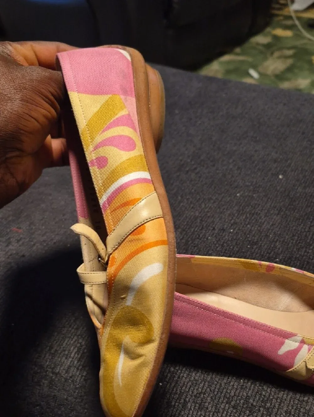 Salvatore Ferragamo Pink, Yellow & Orange Patterned Mary Jane Flats